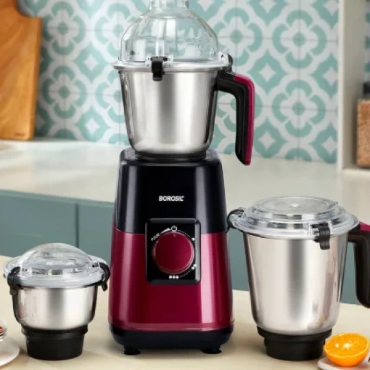 Borosil 1000W Premia Made in India 3 Stainless Steel Jar Mixer Grinder | 1.5L Blending, 1.2L Dry/Wet Grinder & 0.5L Chutney Grinder Jar | Overload Protection | 5 Year Warranty on Copper Motor