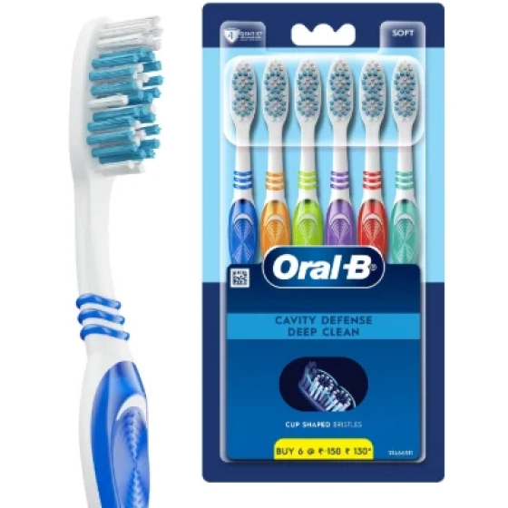 Oral-B Cavity Defense Soft Manual Toothbrush For Adults, Soft Bristles, Removes Bacteria for Cavity Protection, Multicolour, Oral B Dentist Recommended Brand (Super Saver Family Pack of 6)