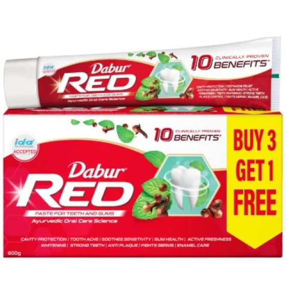 Dabur Red 600g (150g x 4, Pack of 4) Toothpaste - India's No.1 Ayurvedic Paste, Provides Protection Plaque Removal, Toothache, Yellow Teeth, Bad Breath-