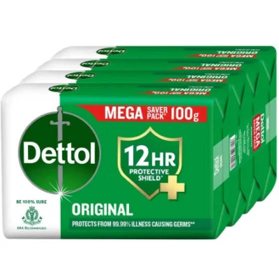 Dettol Original Bathing Soap Bar with 12 HR protective shield (400gm) | Kills 99.99% Germs, 100g (Pack of 4)