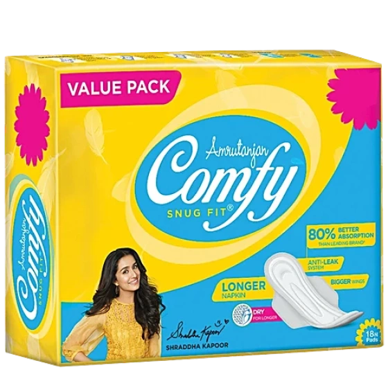 Comfy Snug Fit Sanitary Pads Value Pack - Regular, 230 mm With Wings, Longer Napkins, 18 pcs Pouch