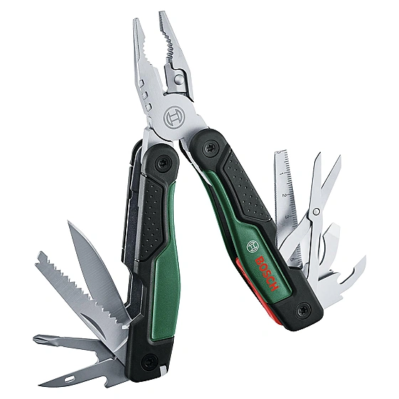 BOSCH 16-in-1 Multi-Tool | Stainless Steel | Plier, Knife, Screwdriver & More | for Home, DIY & Camping | Compact Foldable Design | Safety Pouch Included