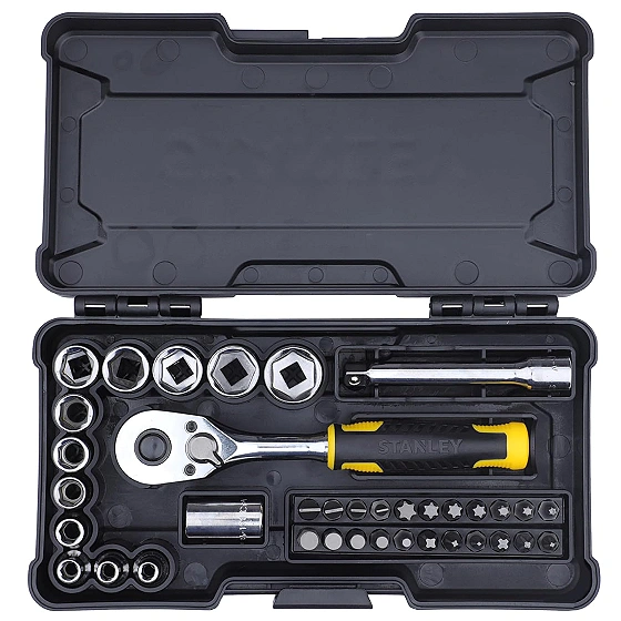 STANLEY STMT82672-0 1/4" 37-PIECE Chrome Compact Socket Set, Comes with Heavy-Duty Plastic Case, Ideal for Home, DIY, Industrial & Professional Use, Used for Screwing & Tightening Applications, BLACK
