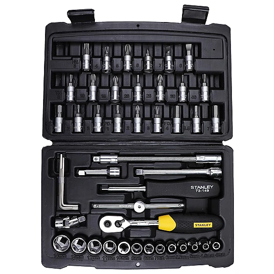 STANLEY STMT72794-8 1/4'' 46-PIECE Square Drive Metric Socket & Bit Set, Made with Double Nickel Chromium Alloy Coated Tip, Maxi-Drive™ Design Provides 15% More Torque than Standard Sockets, BLACK