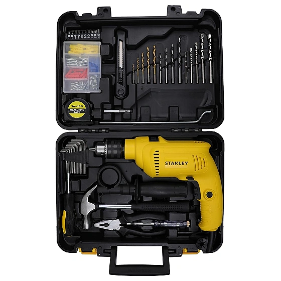 STANLEY SDH600KP-IN 600W 13mm CORDED HAMMER DRILL MACHINE & HAND TOOL KIT for Home, DIY & Professional Use (120-PIECES) - INCLUDES Hammer Drill,Plier,Hammer,Measuring Tape & Drill Bits,1Year Warranty
