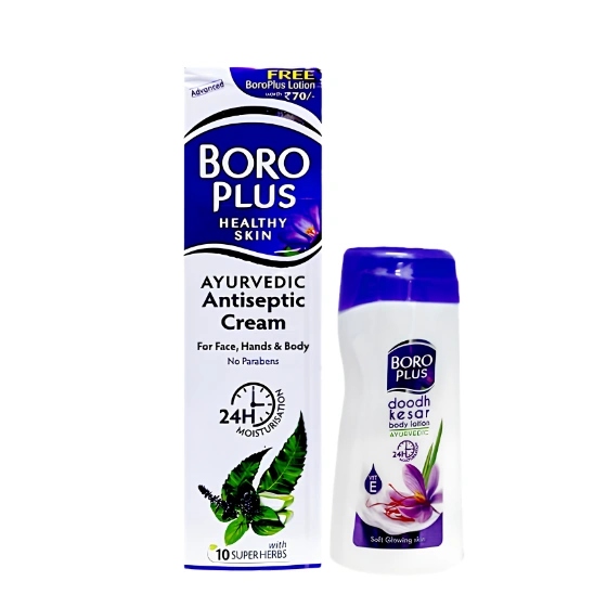 Boroplus Soft Antiseptic Cream 80ml with Boro Plus Doodh Kesar Body Lotion 40ml Free