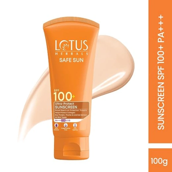 Lotus Herbals Safe Sun Ultra - Protect Sunscreen SPF 100+ And PA+++ | With Soy Protein, Thyme And Licrorice Extracts | Tinted | Helps Protect Collagen | Anti-Ageing & Non Greasy | Preservative Free | For All Skin Types