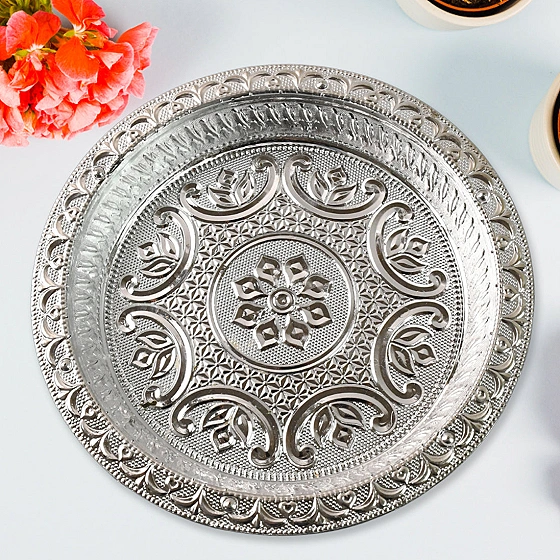 Silver Finish Plastic Pooja Thali – Lightweight & Durable