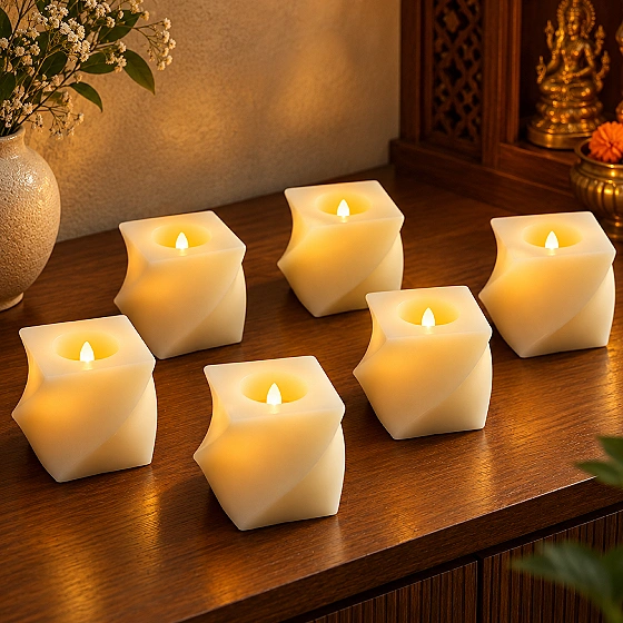 Square LED Flameless Candles – Set of 6 for Home Decor & Pooja