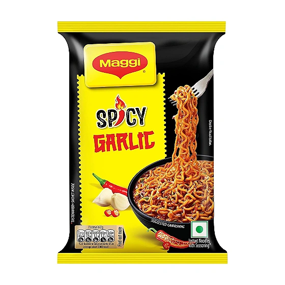 MAGGI Spicy Garlic Noodles, Fiery & Garlic Twist, 62g Pack | Fiery garlic-flavoured instant noodles with a spicy twist; quick, easy snack, ready in minutes