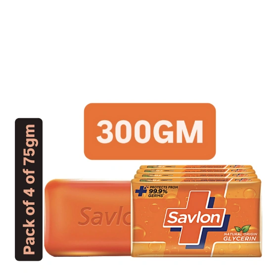 Savlon GLYCERINE BATHING BAR SOAP PROTECTS FROM 99.9% GERMS | Pack of 1x300gm (4 x 75 g)