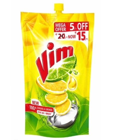 Vim Dishwash Liquid 115 ml pouch | Removes 100+ Odours & Grease in 1 wash | With the power of 100 Lemons