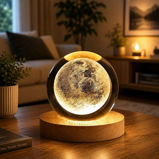 3D Crystal Moon LED Night Lamp with Wooden Base USB Powered Table Decor