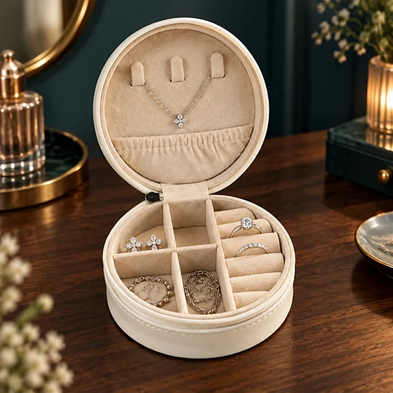 Round Jewellery Organizer Box with Ring Rolls and Zip Closure for Travel