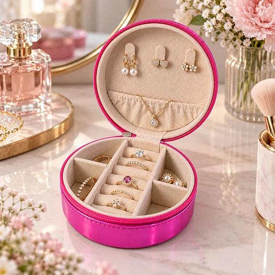 Round Jewellery Organizer Box with Ring Rolls and Zip Closure for Travel