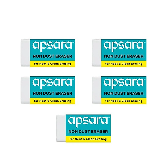 Apsara Non-Dust Erasers | Large Size Clean Erasing | Smooth, Residue-Free & Long-Lasting Erasers for School, Office & Art – Pack of 5 Eraser