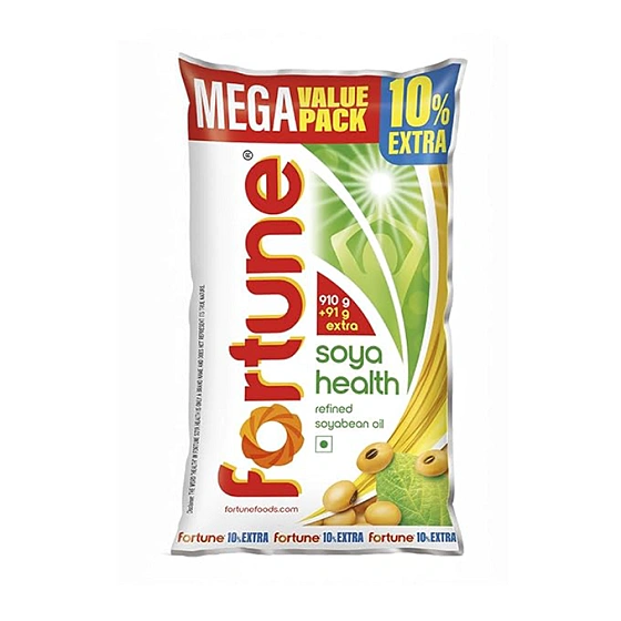 Fortune Soya Health Refined Soyabean Oil, 910g+91g Extra, Fortified with Vitamins A and D