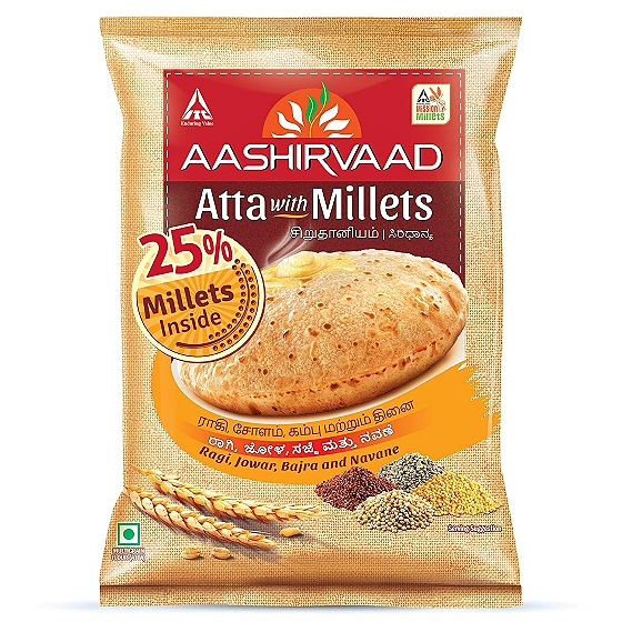 Aashirvaad Atta with Millets, 1kg pack | Nutrient-Rich & High Fibre Atta | 25% Millets